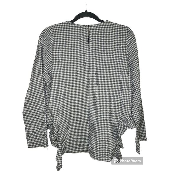 Zara Gingham Long Sleeve Grey Black Gingham Print Ruffle Hi Lo Blouse Size XS - Picture 2 of 6